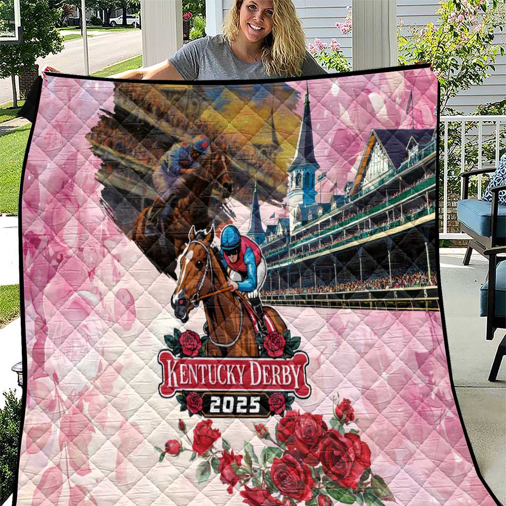 Pink quilt with horse rider graphic, Kentucky Derby 2025 text, and red rose details