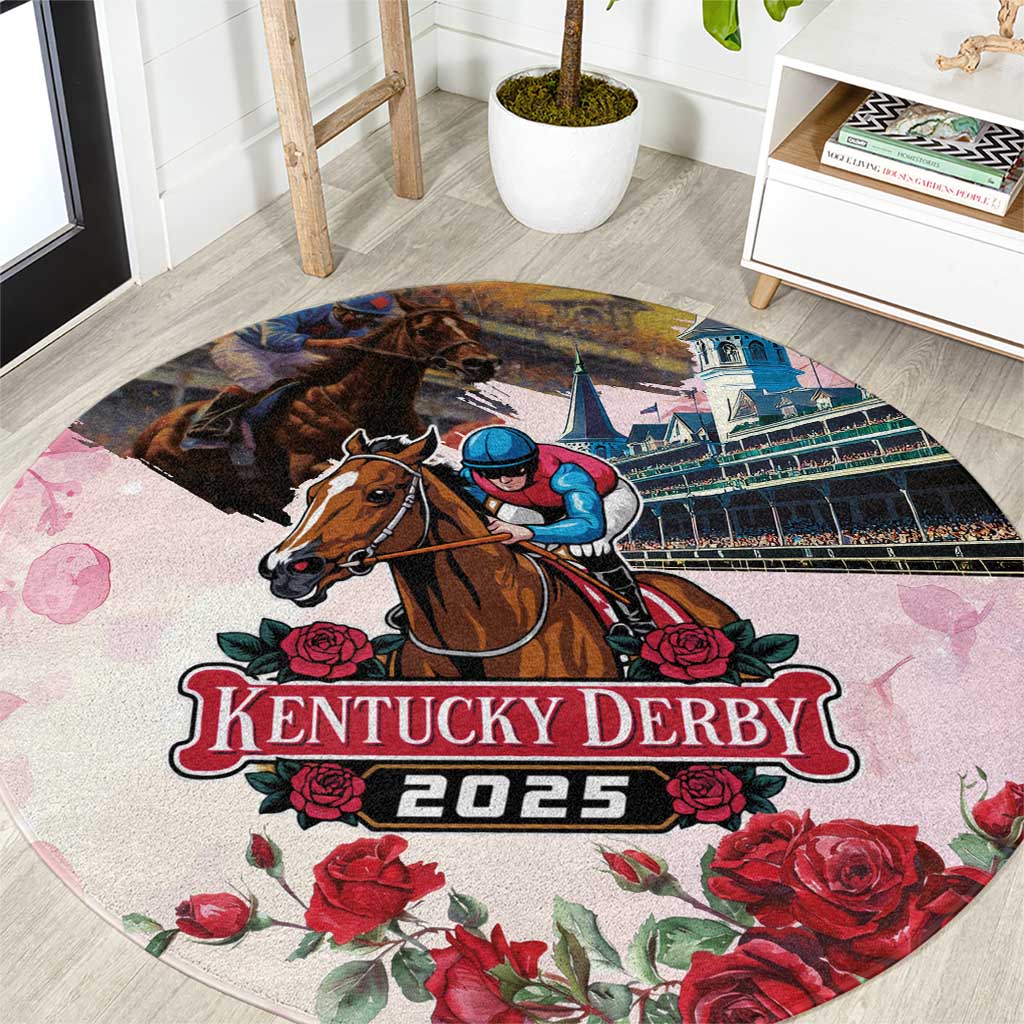 Round white carpet with horse and rider, Kentucky Derby 2025 text, red roses