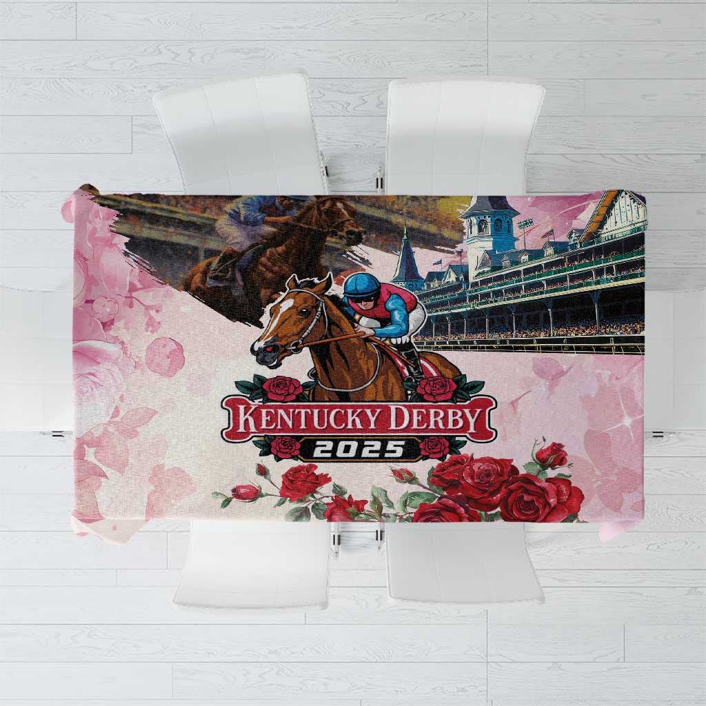Pink Kentucky Derby 2025 themed tablecloth with horse rider and roses graphic