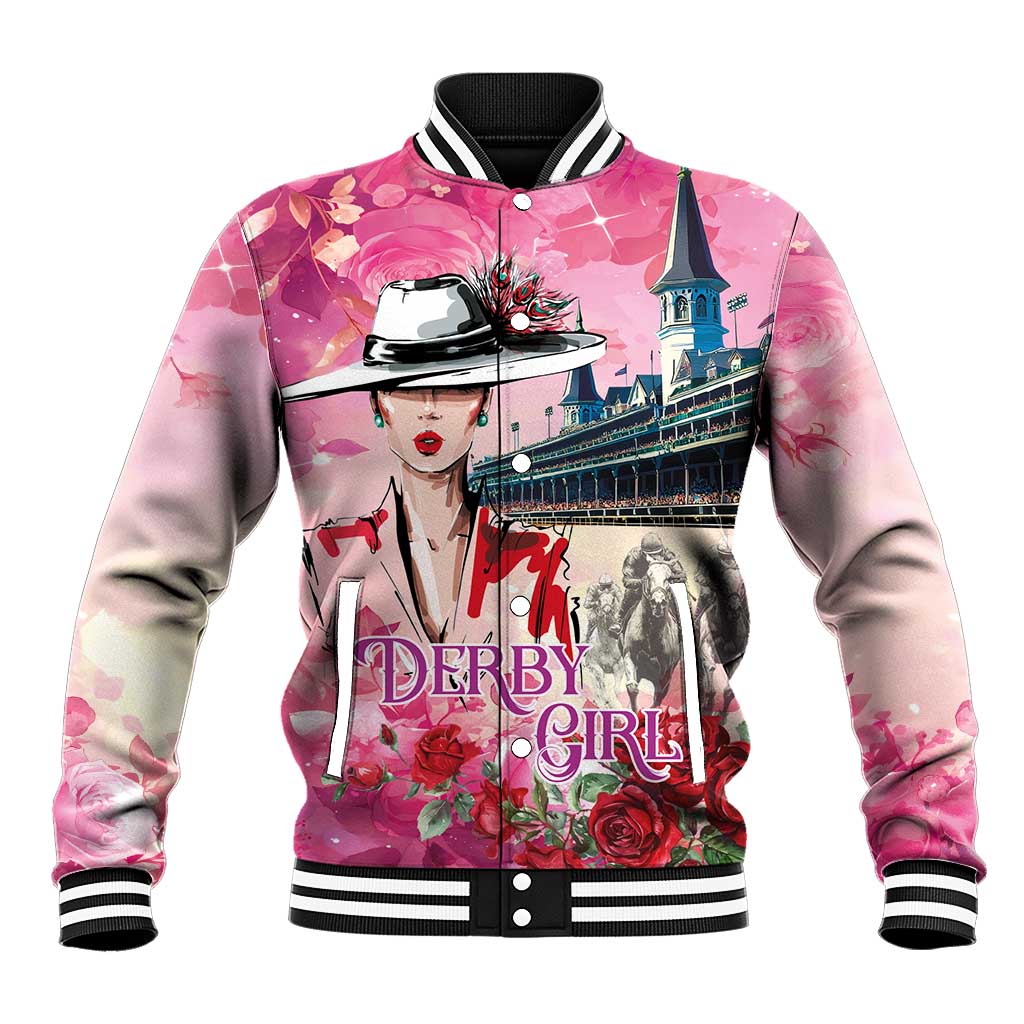 Pink baseball jacket with ribbed striped collar and front watercolor Derby Girl graphic