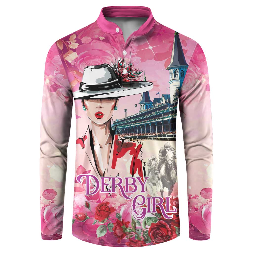 Pink button sweatshirt with watercolor-style horse racing graphic front