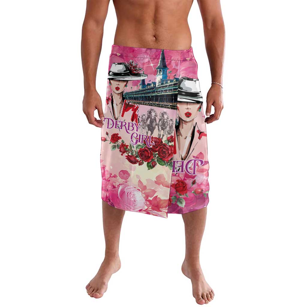Pink watercolor-style graphic shorts with elastic waistband, knee length