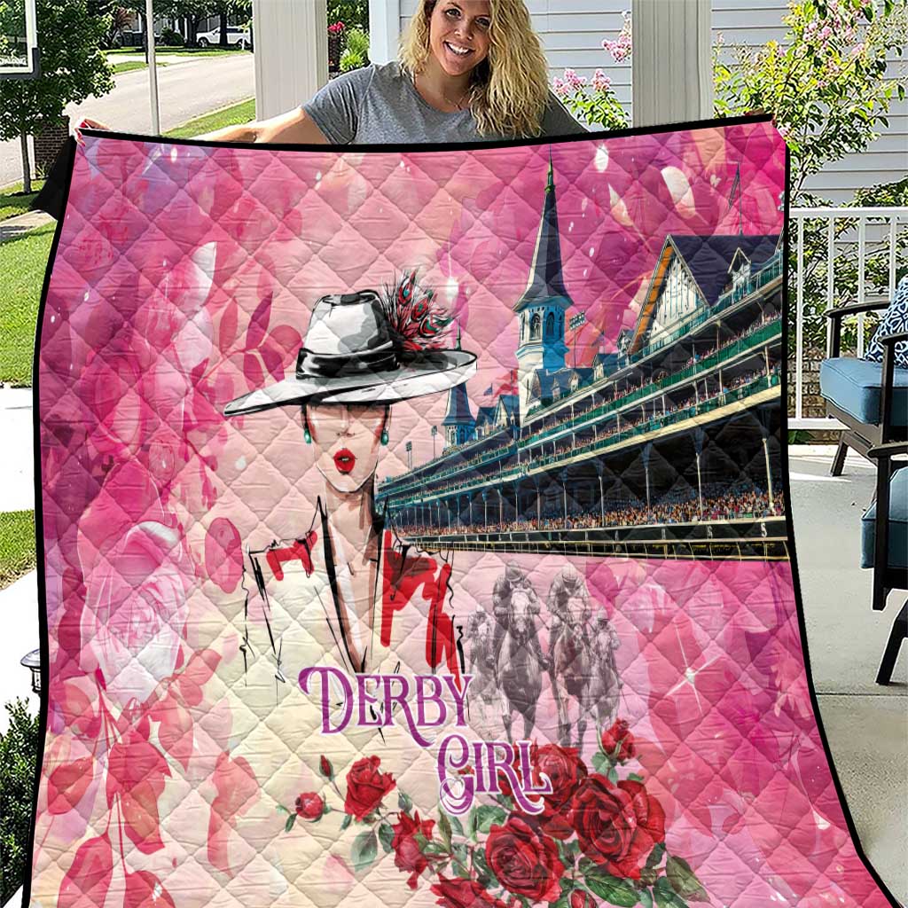 Pink quilt with diamond stitching and Derby Girl graphic: hat, roses, and bridge