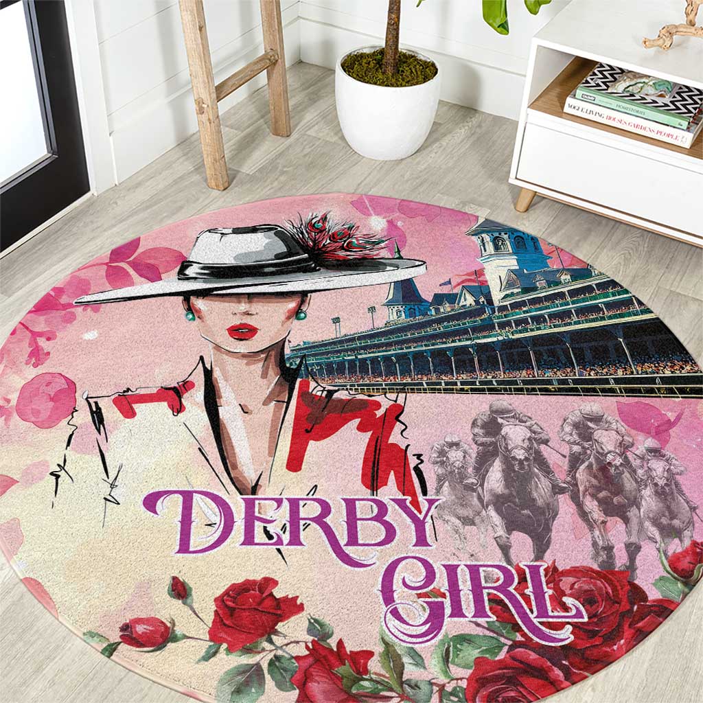 Pink round watercolor carpet with 'Derby Girl' text, roses, and horse-racing artwork