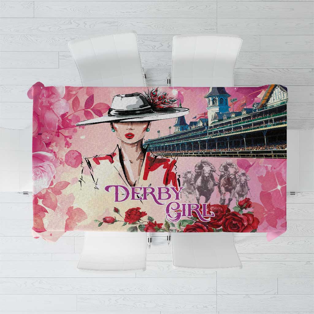 Pink watercolor racing tablecloth with roses and “DERBY GIRL” lettering