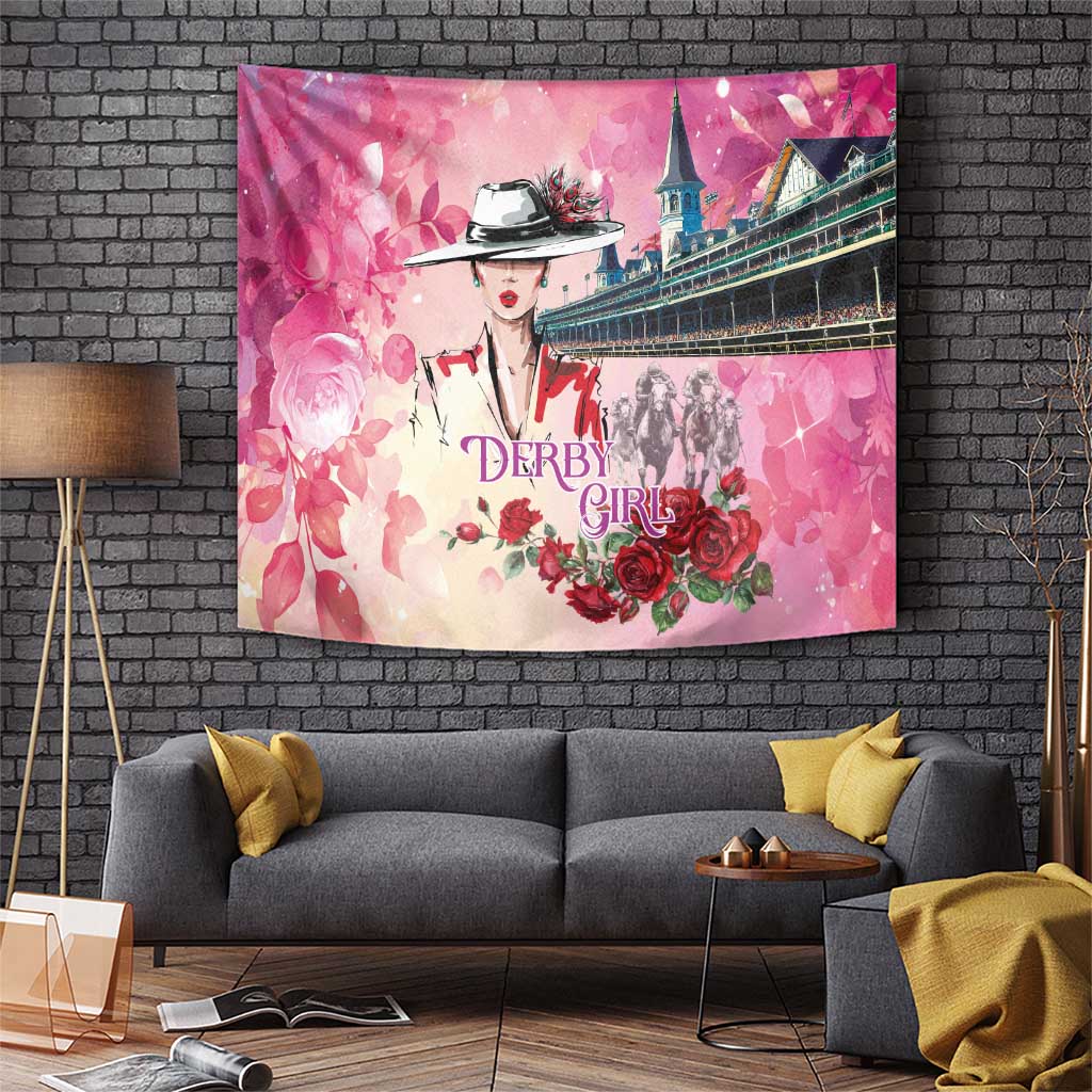 Pink Derby Girl horses racing tapestry with illustrated woman, roses, and Churchill Downs scene.