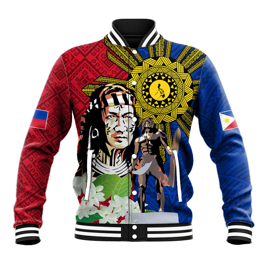 Red and blue baseball jacket with striped collar and front Lapu-Lapu tattoo graphic