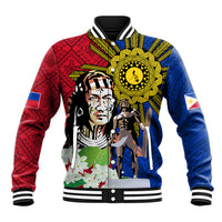 Red and blue baseball jacket with striped collar and front Lapu-Lapu tattoo graphic