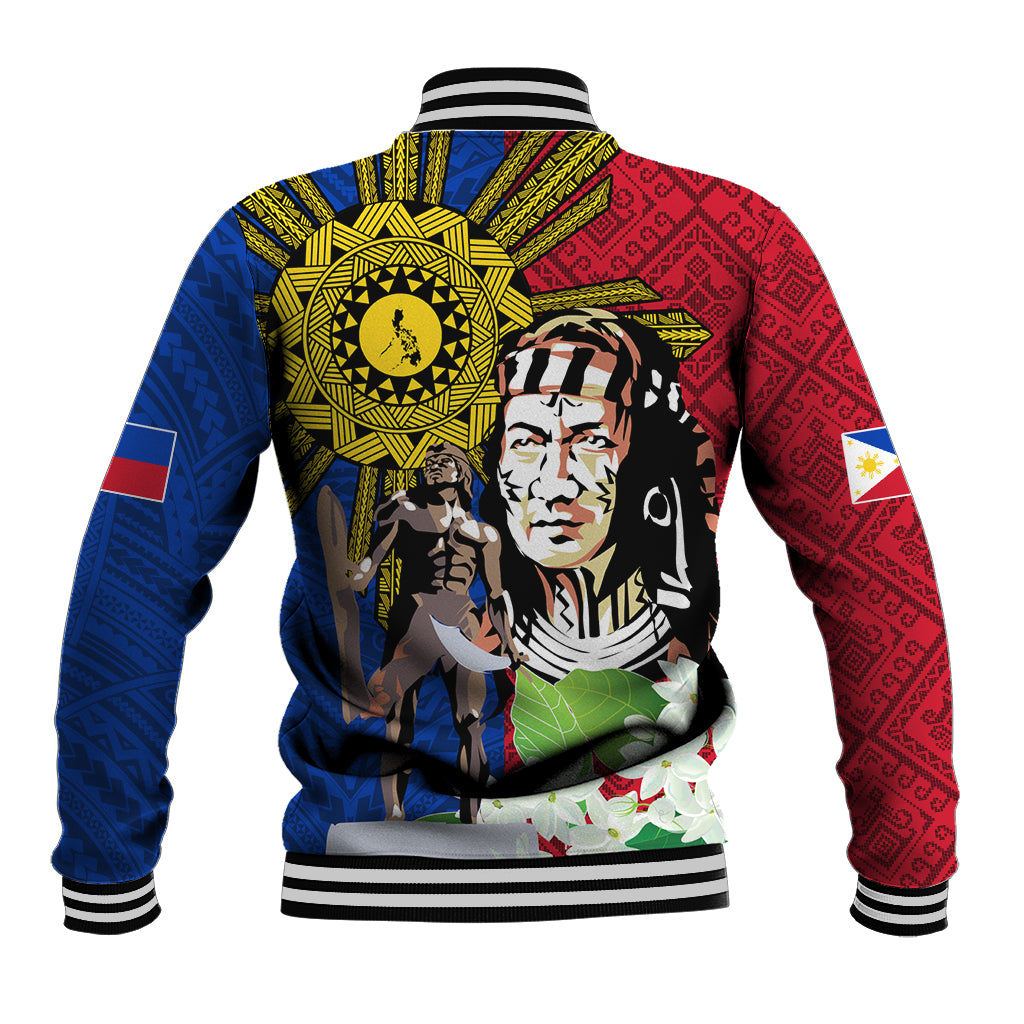 Multicolor baseball jacket with striped collar, cuffs, and bold front tattoo graphic