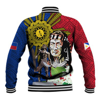 Multicolor baseball jacket with striped collar, cuffs, and bold front tattoo graphic