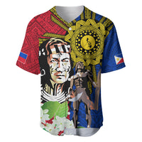 Multicolor baseball jersey with Lapu-Lapu portrait, sun emblem, and patterned sleeves