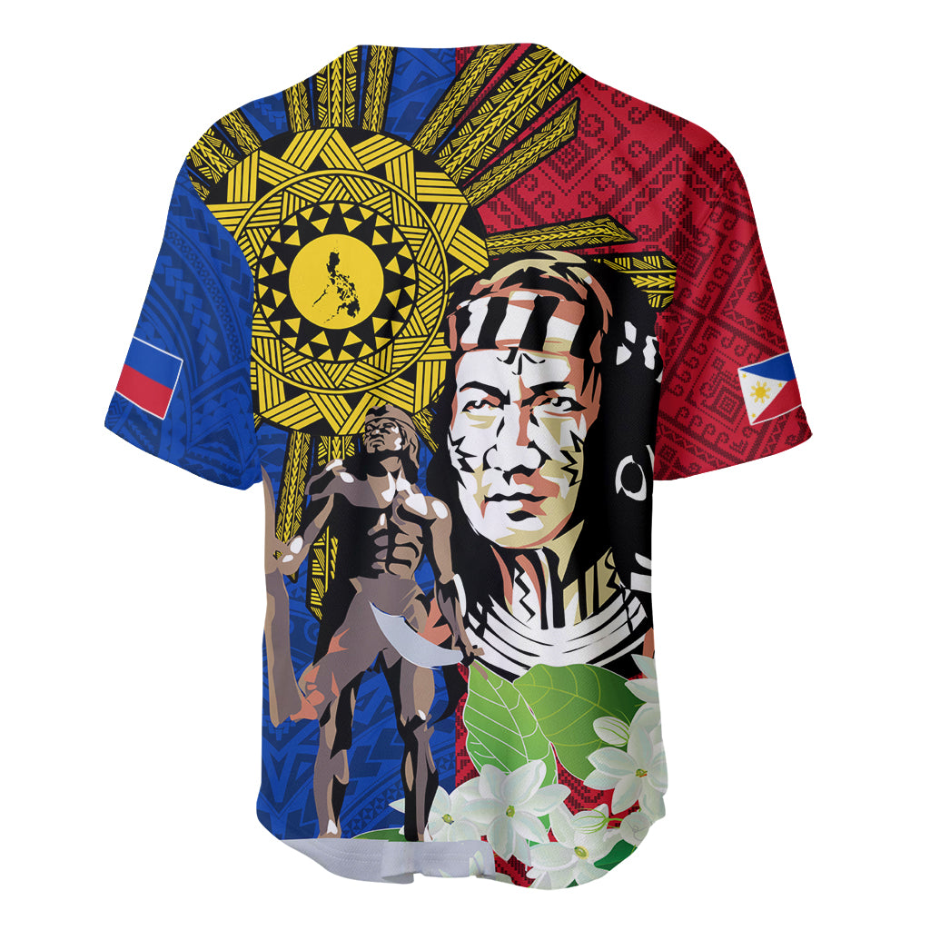 Multicolor baseball jersey back view with Lapu-Lapu portrait, sun emblem, and woven patterns