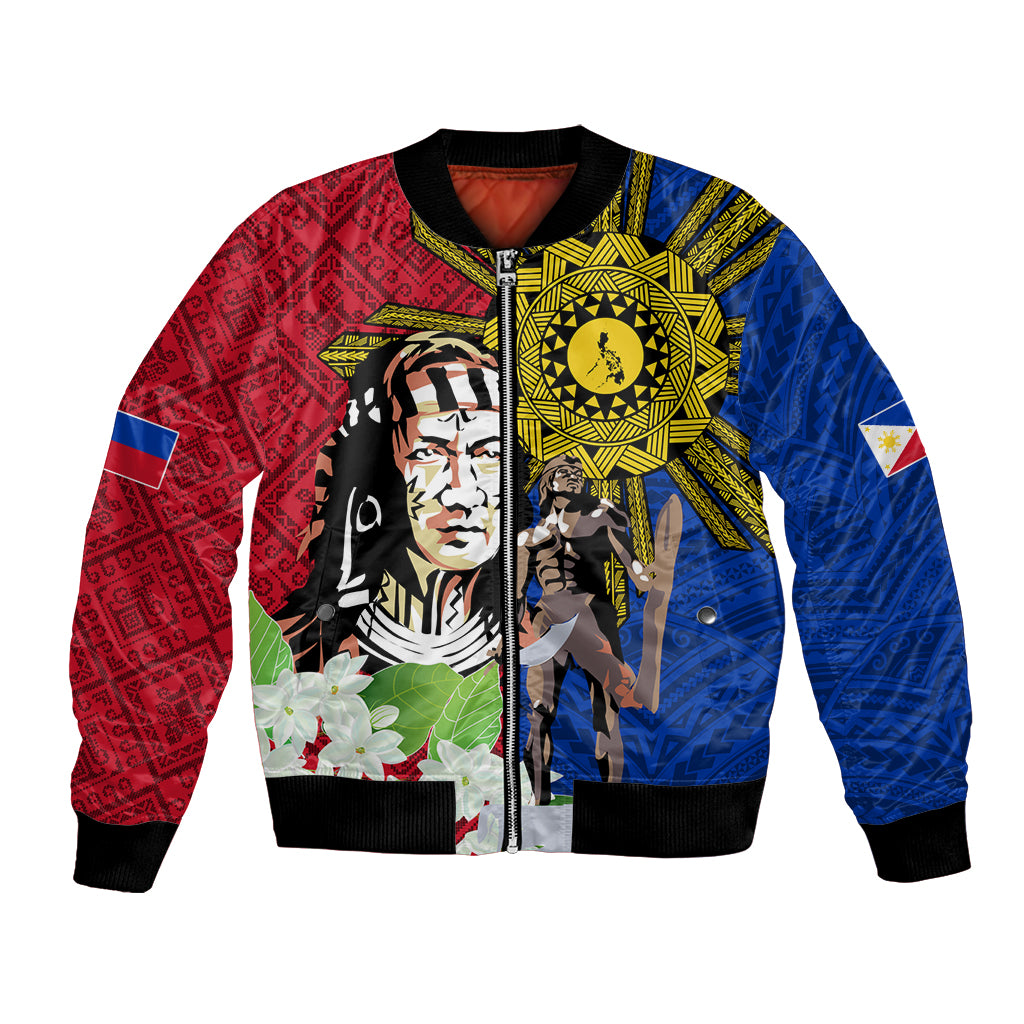 Red and blue bomber jacket with front zipper, black ribbed cuffs, sun and portrait art