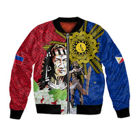 Red and blue bomber jacket with front zipper, black ribbed cuffs, sun and portrait art