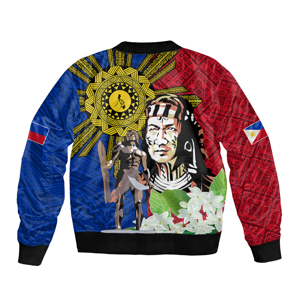 Red and blue bomber jacket with black ribbed cuffs and large front graphic