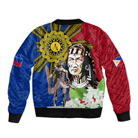 Red and blue bomber jacket with black ribbed cuffs and large front graphic