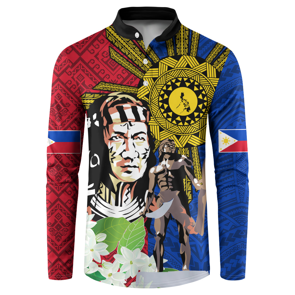 Button sweatshirt with front print, red and blue panels, black collar, yellow sun and figures