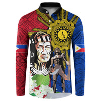 Button sweatshirt with front print, red and blue panels, black collar, yellow sun and figures