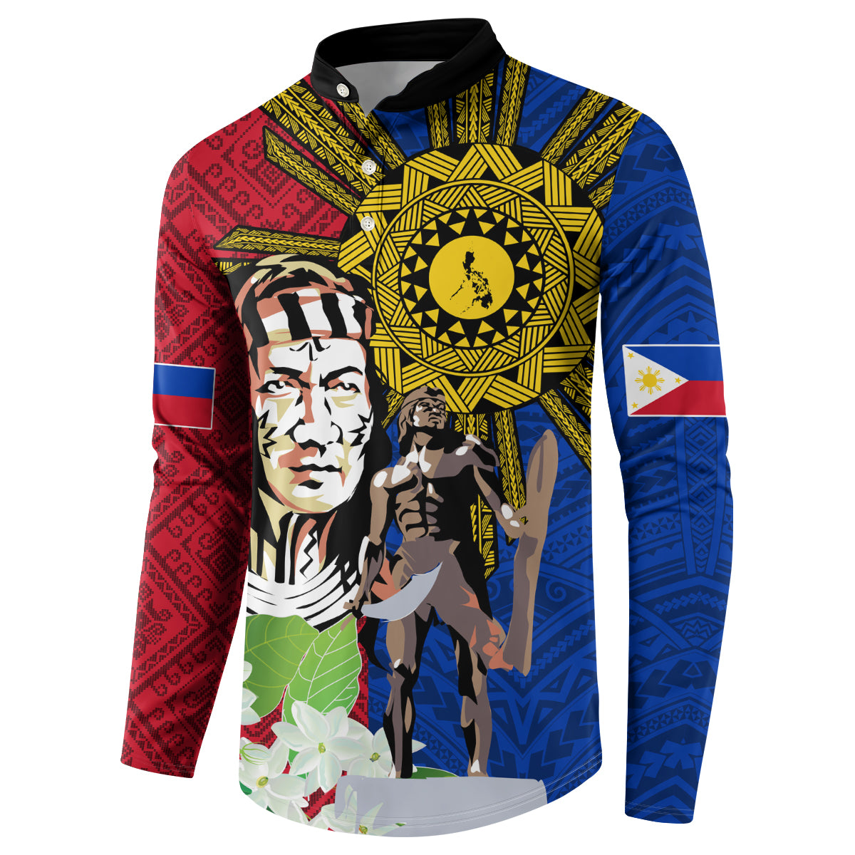 Button sweatshirt front with red and blue patterned sleeves, yellow sun emblem and floral hem graphic