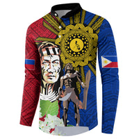 Button sweatshirt front with red and blue patterned sleeves, yellow sun emblem and floral hem graphic