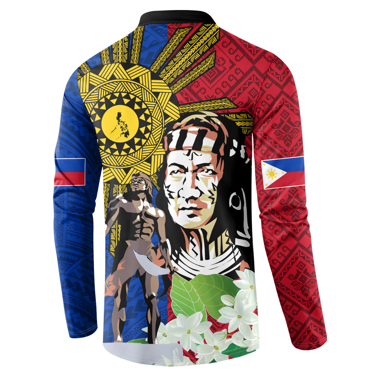 Back view button sweatshirt with large yellow sun emblem, red and blue geometric pattern panels
