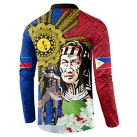 Back view button sweatshirt with large yellow sun emblem, red and blue geometric pattern panels