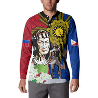 Men's button sweatshirt front in red and blue artwork with yellow sun, black collar, floral detail