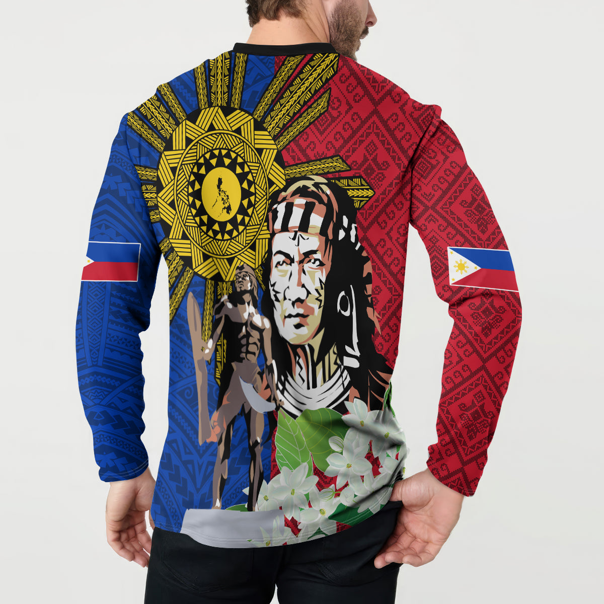 Back view button sweatshirt with bold red, blue, yellow graphics and circular sun emblem