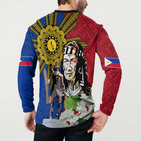 Back view button sweatshirt with bold red, blue, yellow graphics and circular sun emblem