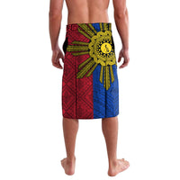 Men’s red patchwork lavalava shorts with central gold sun medallion and geometric panels