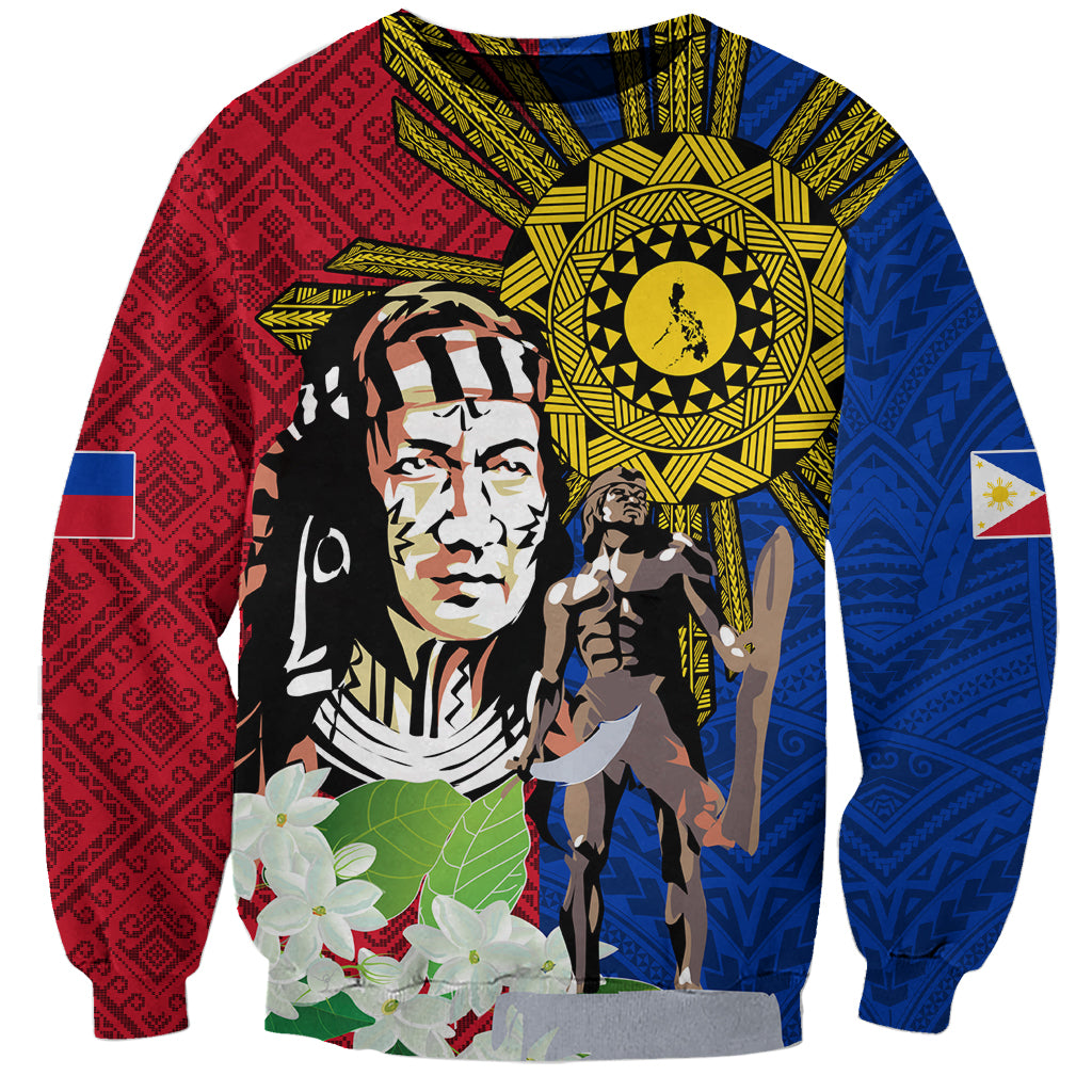 Unisex red and blue sweatshirt with large sun emblem and centered warrior portrait print