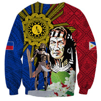Unisex red and blue sweatshirt with sun emblem, warrior portrait, and floral print