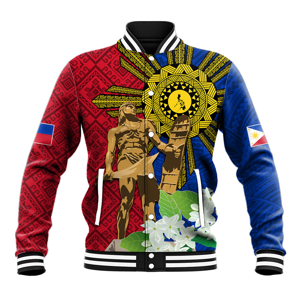 Red and blue baseball jacket with black-and-white striped collar, gold emblem and floral art