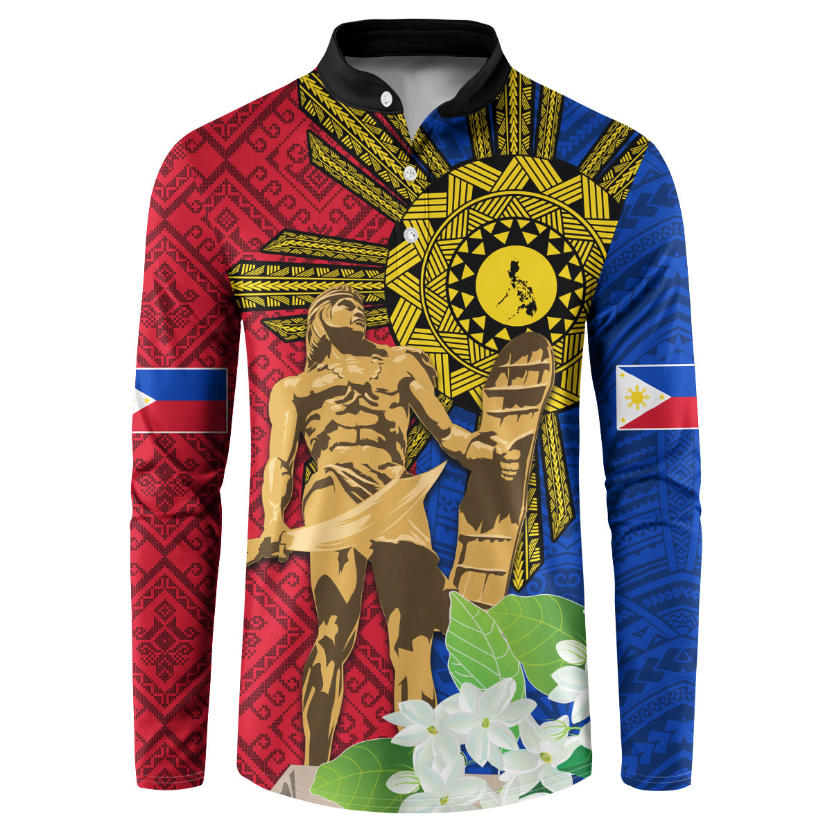 Multicolor button sweatshirt with black collar; yellow sun emblem, warrior figures, flowers