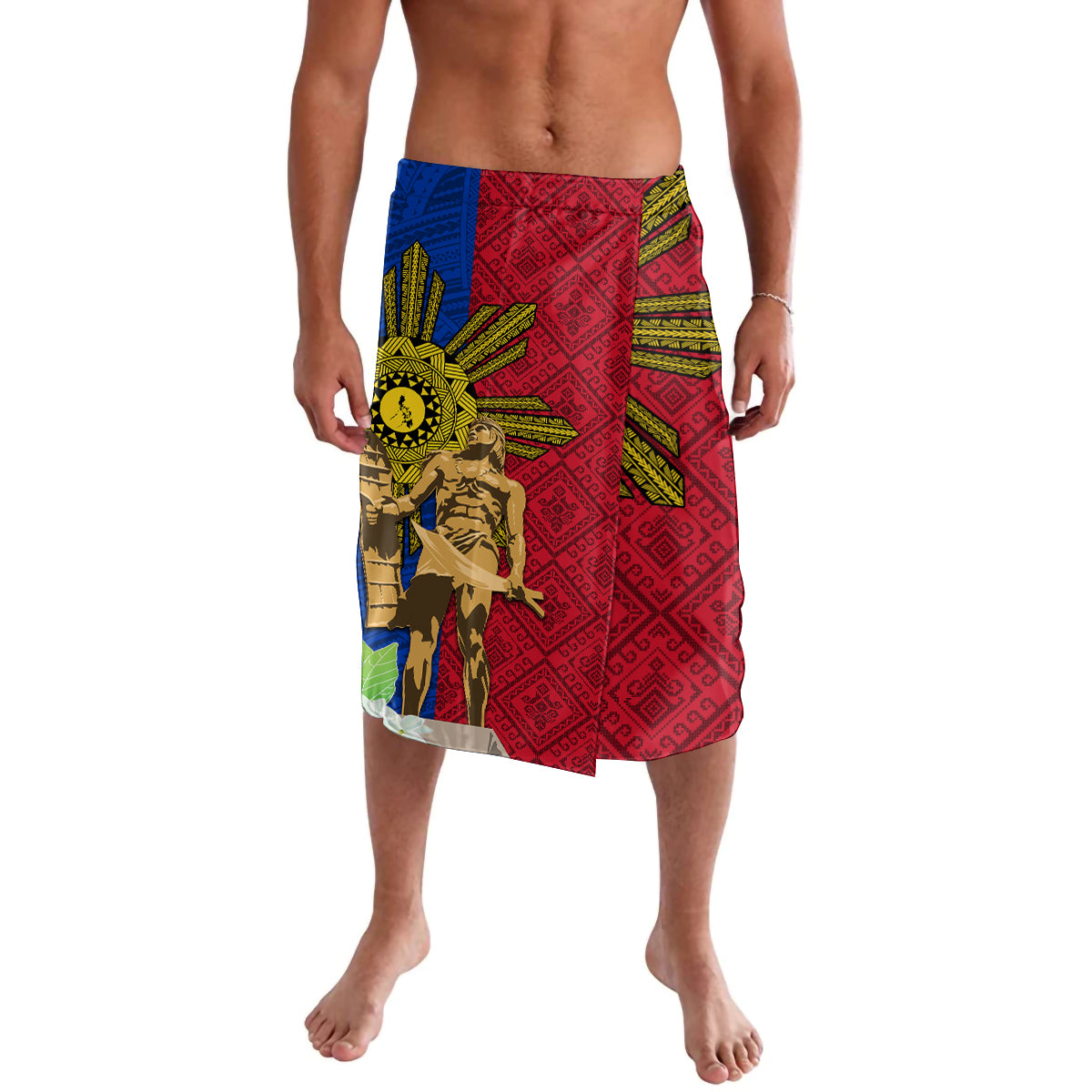 Red patterned lavalava wrap skirt with blue waistband and large central figure art