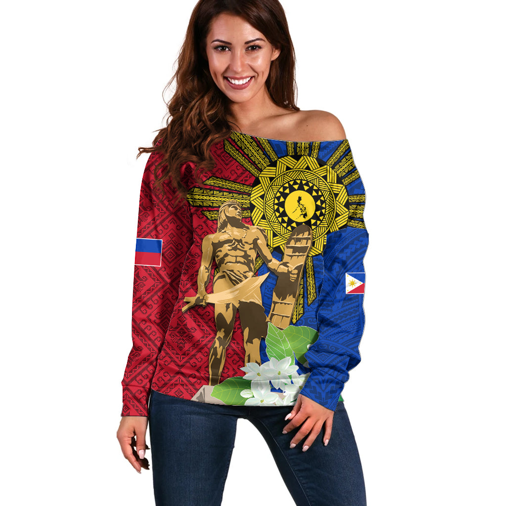 Philippines Lapu Lapu King Jasmine Flowers Off Shoulder Sweater Filipino Sun Tattoo - Wonder Print Shop