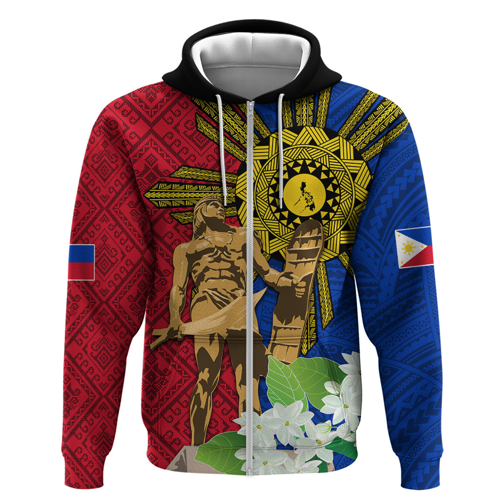 Philippines Lapu Lapu King Jasmine Flowers Zip Hoodie Filipino Sun Tattoo - Wonder Print Shop