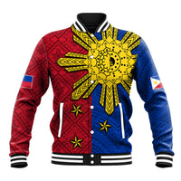 Unisex baseball jacket with red and blue tribal patterns, large yellow sun graphic