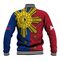 Unisex baseball jacket, back view, red and blue tribal pattern with large yellow sun