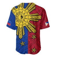 Blue and red baseball jersey with large yellow sunburst on back and geometric motifs