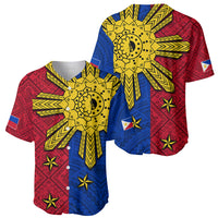Two baseball jerseys in red and blue with yellow sunburst and geometric tribal pattern