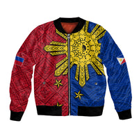 Unisex bomber jacket in red and blue with tribal sun print, zip front, ribbed trim
