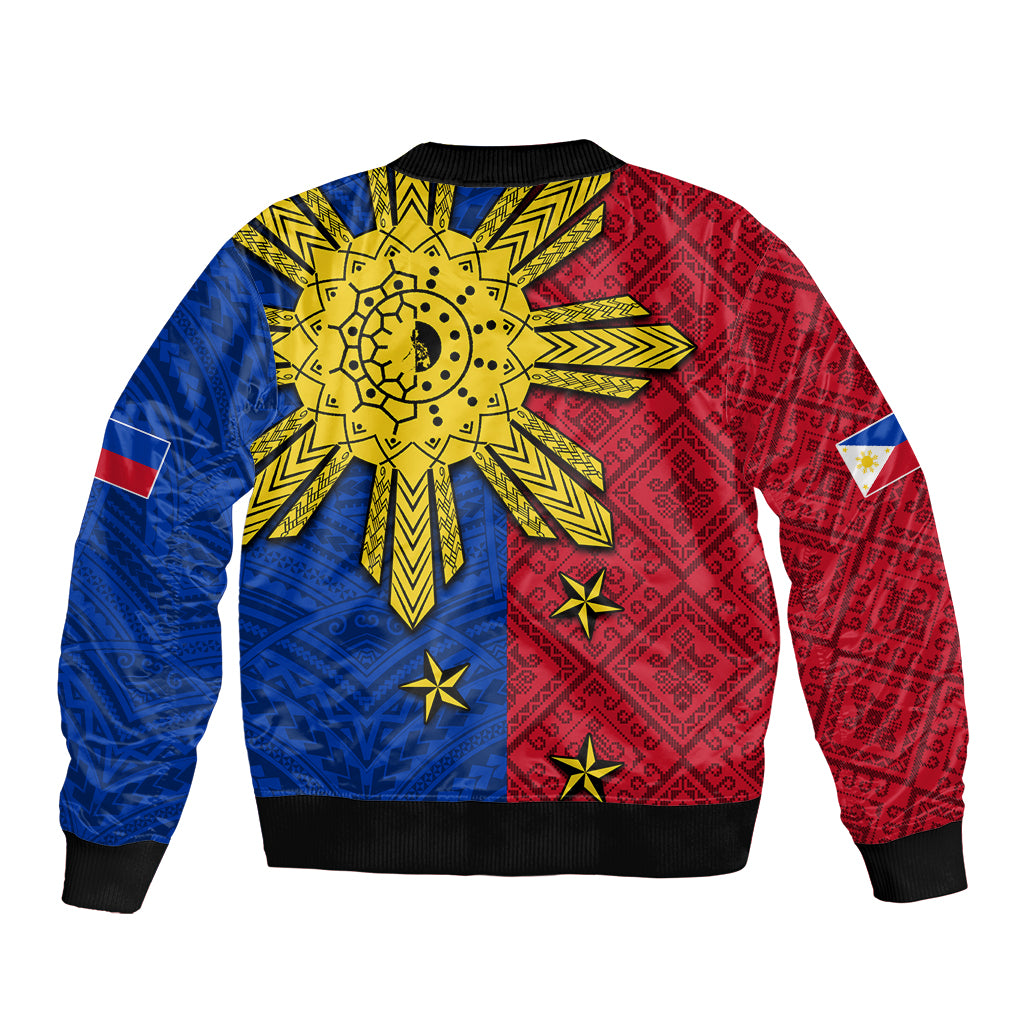 Unisex bomber jacket in red and blue with large yellow sun center, tribal pattern, ribbed hem