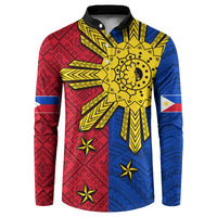 Red and blue Polynesian sun button sweatshirt with yellow tribal pattern and black collar