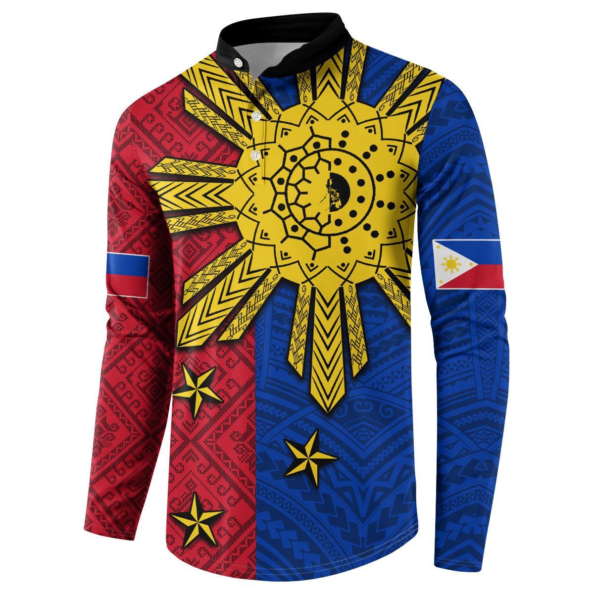 Red and blue Polynesian sun button sweatshirt with yellow sunburst tribal pattern, black collar