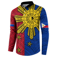 Red and blue Polynesian sun button sweatshirt with yellow sunburst tribal pattern, black collar
