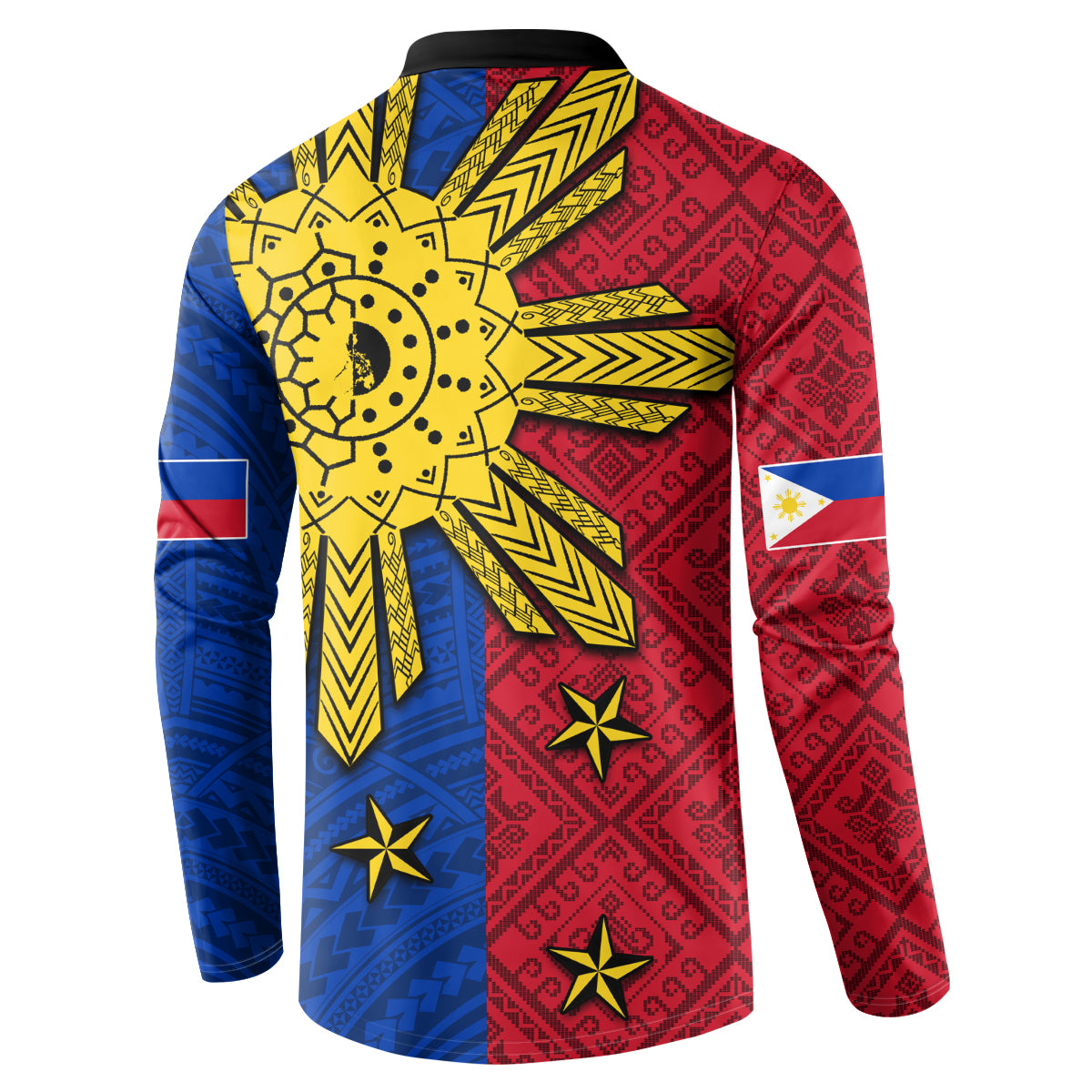Back red and blue Polynesian sun button sweatshirt with large yellow sunburst tribal pattern