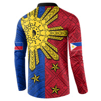 Back red and blue Polynesian sun button sweatshirt with large yellow sunburst tribal pattern