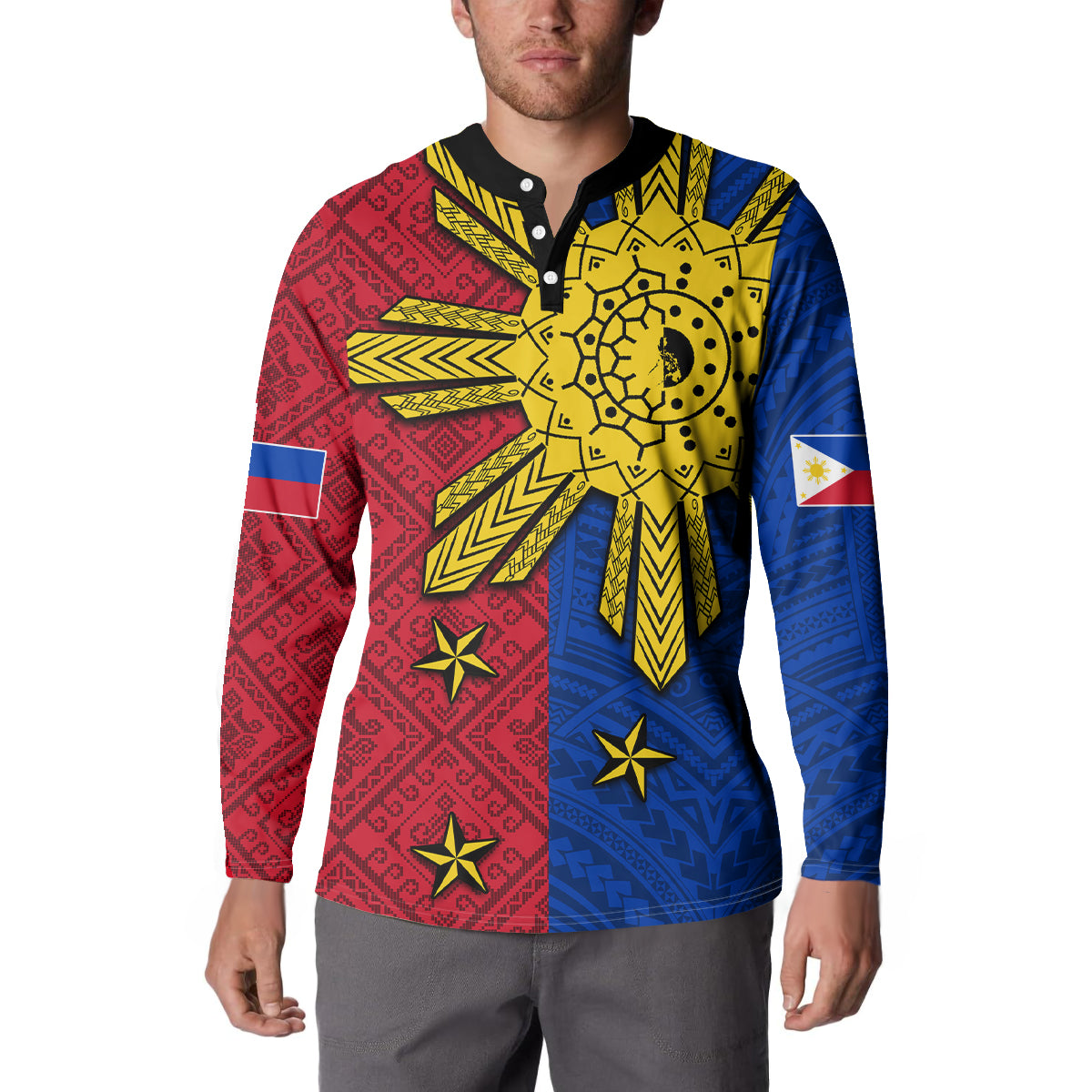 Mens red and blue Polynesian sun button sweatshirt with yellow tribal print and black collar