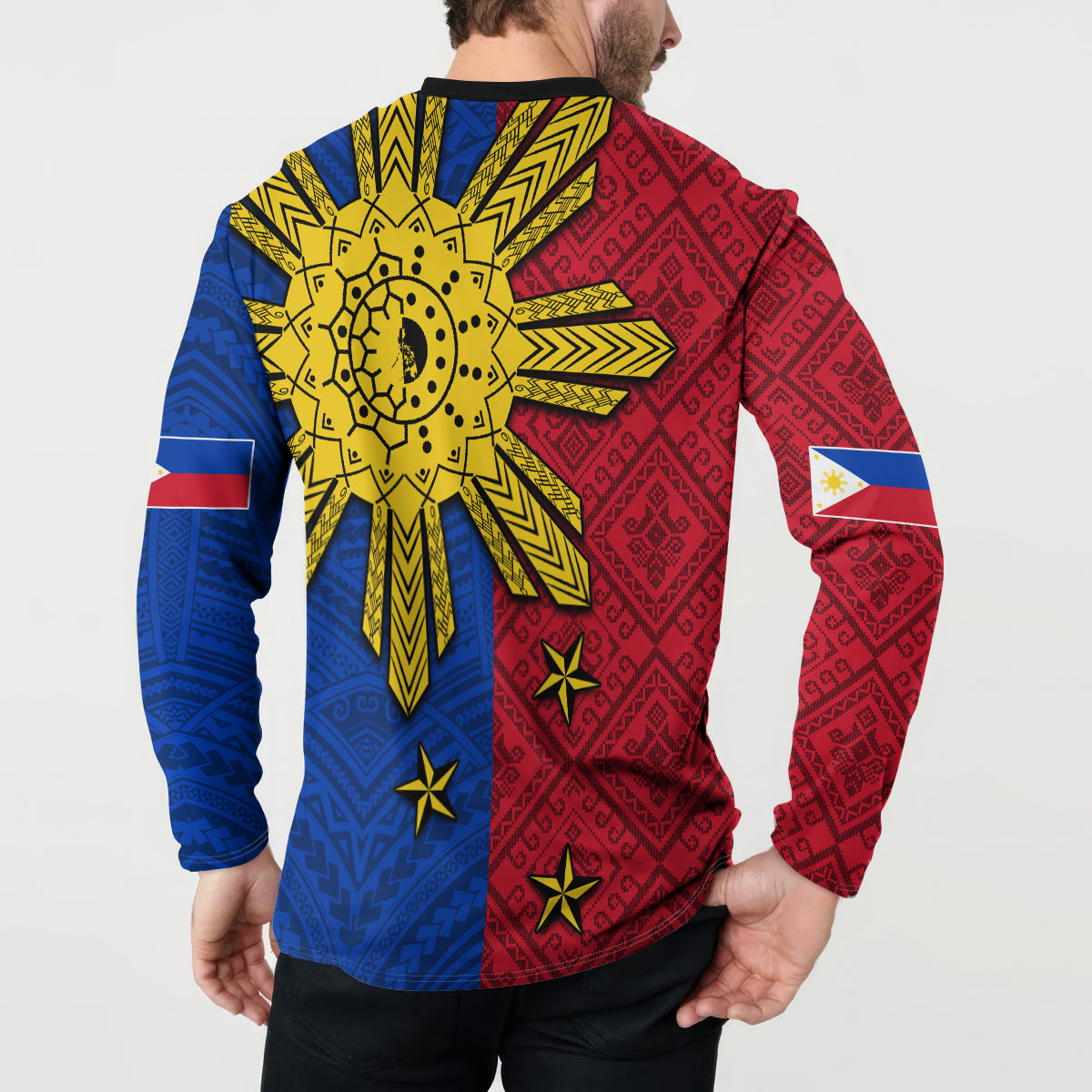 Back view red and blue Polynesian sun button sweatshirt with oversized yellow sunburst print